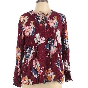 Large Maroon Floral Pleat Front Tie Neck Blouse